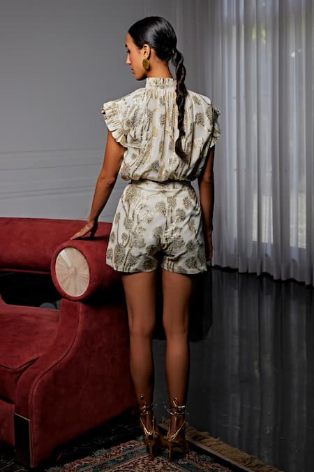 Shop Kay Kay Beige Georgette, Voile Ruffles, Metallic Thread Floral Woven Top And Shorts Set at Aza Fashions Shop_Kay Kay_Beige Georgette, Voile Ruffles, Metallic Thread Floral Woven Top And Shorts Set _at_Aza_Fashions