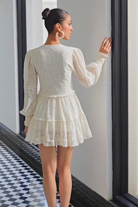 Shop Kay Kay Off White Cotton, Jacquard Lace, Cut Work Woven Mesh Geometric Tiered Dress at Aza Fashions Shop_Kay Kay_Off White Cotton, Jacquard Lace, Cut Work Woven Mesh Geometric Tiered Dress _at_Aza_Fashions