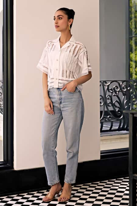 Kay Kay Off White Cotton Lace Collared Insert Mesh Shirt 