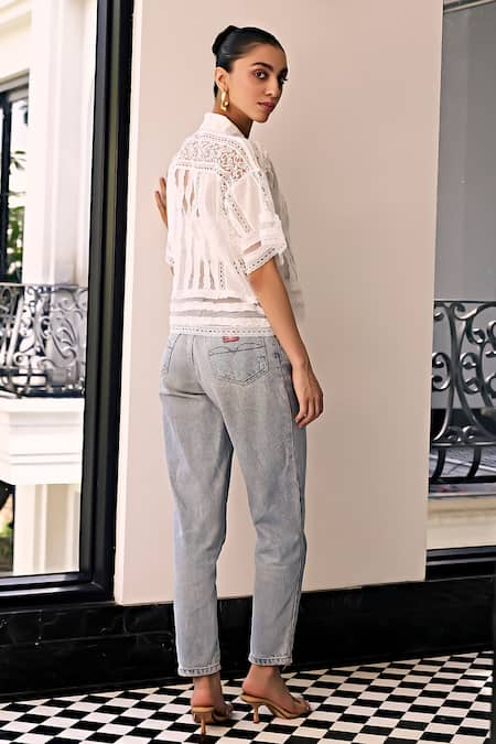 Shop Kay Kay Off White Cotton Lace Collared Insert Mesh Shirt at Aza Fashions Shop_Kay Kay_Off White Cotton Lace Collared Insert Mesh Shirt _at_Aza_Fashions