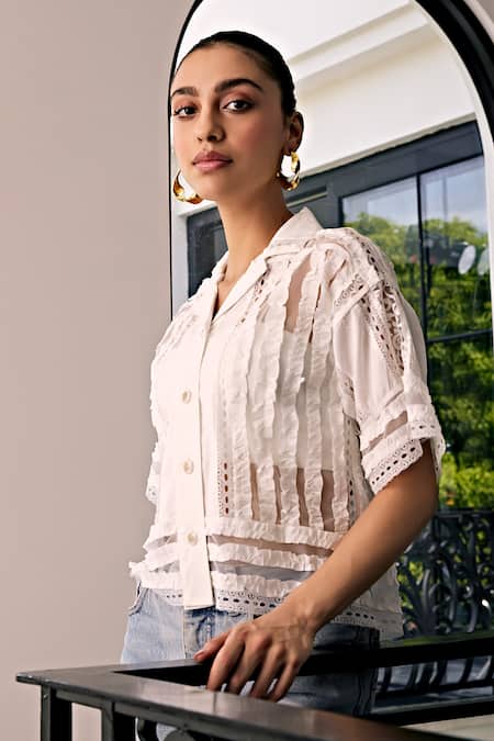Buy Kay Kay Off White Cotton Lace Collared Insert Mesh Shirt Online at Aza Fashions Buy_Kay Kay_Off White Cotton Lace Collared Insert Mesh Shirt _Online_at_Aza_Fashions