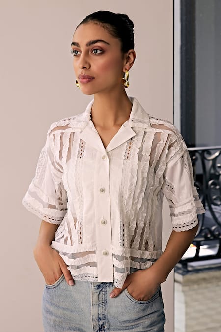 Shop Kay Kay Off White Cotton Lace Collared Insert Mesh Shirt Online at Aza Fashions Shop_Kay Kay_Off White Cotton Lace Collared Insert Mesh Shirt _Online_at_Aza_Fashions