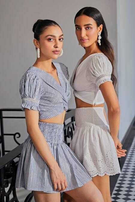 Kay Kay Blue Cotton, Polyester Lace V-neck Woven Stripe Ruched Crop Top And Skirt Set Online at Aza Fashions Kay Kay_Blue Cotton, Polyester Lace V-neck Woven Stripe Ruched Crop Top And Skirt Set _Online_at_Aza_Fashions