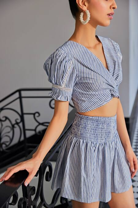 Shop Kay Kay Blue Cotton, Polyester Lace V-neck Woven Stripe Ruched Crop Top And Skirt Set Online at Aza Fashions Shop_Kay Kay_Blue Cotton, Polyester Lace V-neck Woven Stripe Ruched Crop Top And Skirt Set _Online_at_Aza_Fashions