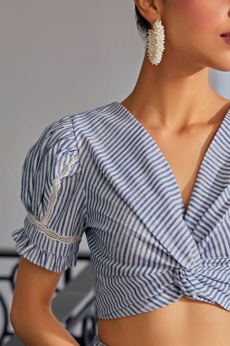 Kay Kay Blue Cotton, Polyester Lace V-neck Woven Stripe Ruched Crop Top And Skirt Set at Aza Fashions Kay Kay_Blue Cotton, Polyester Lace V-neck Woven Stripe Ruched Crop Top And Skirt Set _at_Aza_Fashions