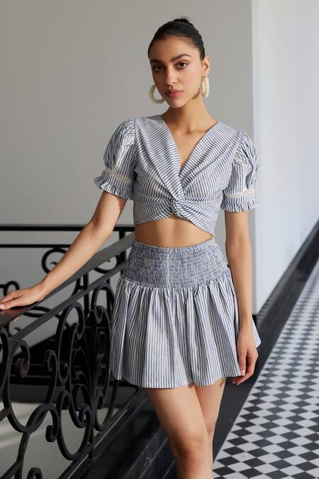Buy Kay Kay Blue Cotton, Polyester Lace V-neck Woven Stripe Ruched Crop Top And Skirt Set Buy_Kay Kay_Blue Cotton, Polyester Lace V-neck Woven Stripe Ruched Crop Top And Skirt Set