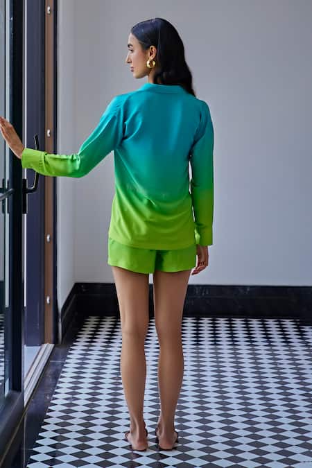 Shop Kay Kay Blue Satin Collared Shaded Ombre Front Tie-up Shirt And Shorts at Aza Fashions Shop_Kay Kay_Blue Satin Collared Shaded Ombre Front Tie-up Shirt And Shorts _at_Aza_Fashions