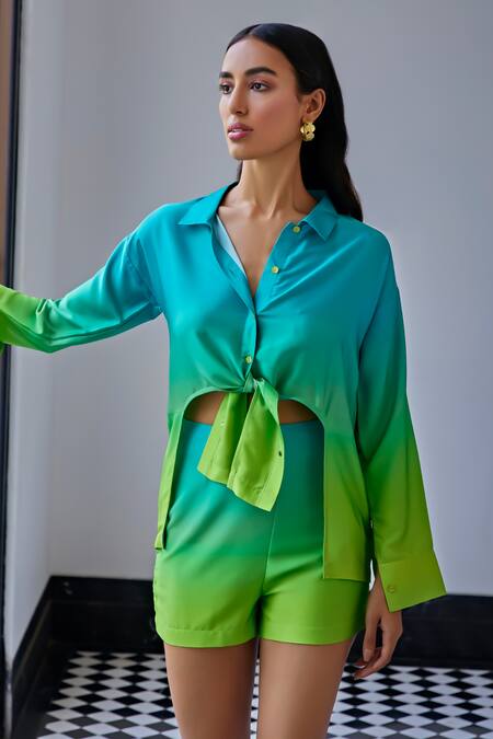 Kay Kay Blue Satin Collared Shaded Ombre Front Tie-up Shirt And Shorts Online at Aza Fashions Kay Kay_Blue Satin Collared Shaded Ombre Front Tie-up Shirt And Shorts _Online_at_Aza_Fashions