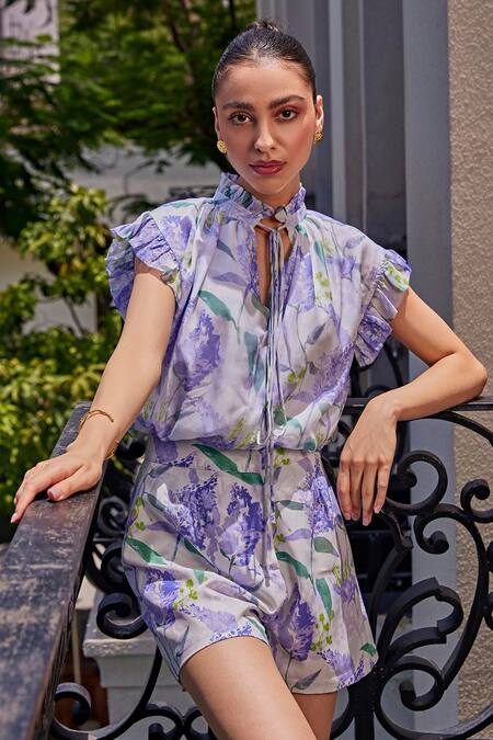 Buy Kay Kay White Chiffon, Cotton Ruffles Round Floral Watercolour Print Top And Shorts Set Online at Aza Fashions Buy_Kay Kay_White Chiffon, Cotton Ruffles Round Floral Watercolour Print Top And Shorts Set _Online_at_Aza_Fashions