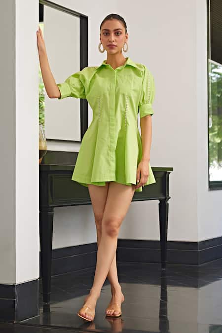 Kay Kay Green Poplin Pearls Collared Neon Embellished Shirt Dress 