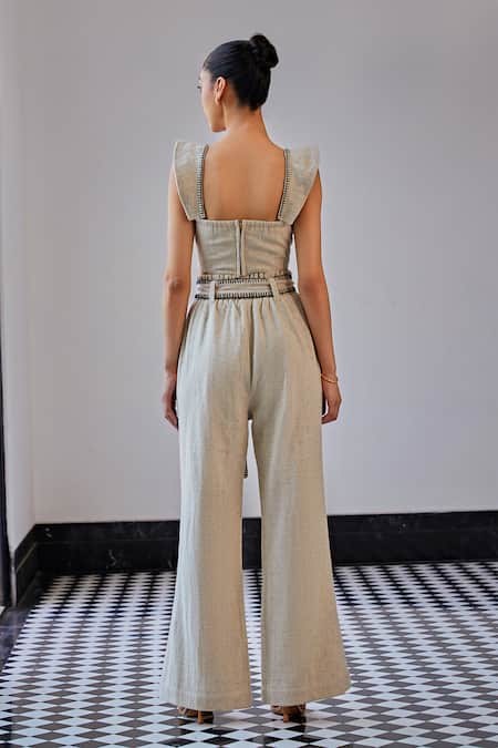 Shop_Kay Kay_Beige Linen Embroidery Racerback Blanket Stitch Crop Top And Pant Set _at_Aza_Fashions