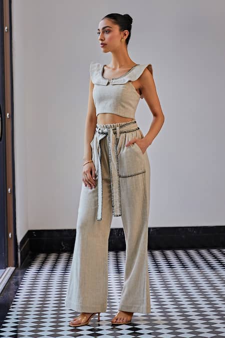 Kay Kay_Beige Linen Embroidery Racerback Blanket Stitch Crop Top And Pant Set _Online_at_Aza_Fashions