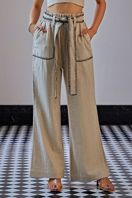 Buy_Kay Kay_Beige Linen Embroidery Racerback Blanket Stitch Crop Top And Pant Set _Online_at_Aza_Fashions