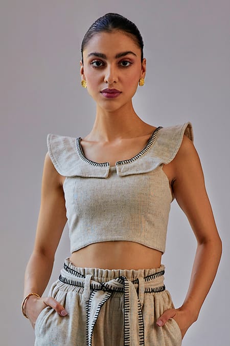 Shop_Kay Kay_Beige Linen Embroidery Racerback Blanket Stitch Crop Top And Pant Set _Online_at_Aza_Fashions