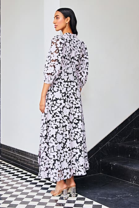 Shop Kay Kay Black Polyester Applique Mesh Dress With Flowers at Aza Fashions Shop_Kay Kay_Black Polyester Applique Mesh Dress With Flowers _at_Aza_Fashions