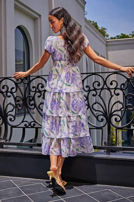 Shop Kay Kay White Chiffon, Cotton Ruffles Square Neck Watercolour Floral Print Tiered Dress at Aza Fashions Shop_Kay Kay_White Chiffon, Cotton Ruffles Square Neck Watercolour Floral Print Tiered Dress _at_Aza_Fashions