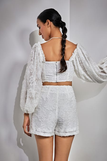 Shop Kay Kay Off White Polyester, Chiffon Cut Work, Pearls Textured Crop Top And Shorts Set at Aza Fashions Shop_Kay Kay_Off White Polyester, Chiffon Cut Work, Pearls Textured Crop Top And Shorts Set _at_Aza_Fashions