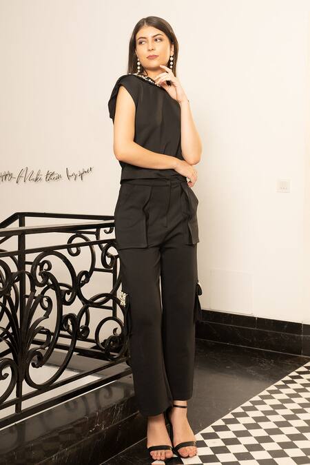 Kay Kay Black Polyester, Spandex Pearls V-neck Embellished Top And Cargo Pant Set Online at Aza Fashions Kay Kay_Black Polyester, Spandex Pearls V-neck Embellished Top And Cargo Pant Set _Online_at_Aza_Fashions