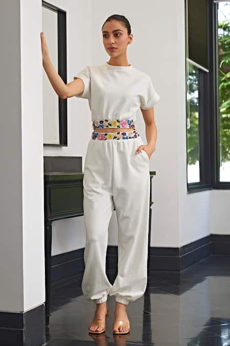 Kay Kay Off White Cotton Cut Work, Sequins, Embroidery Round Neck Top And Pant Set 