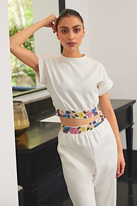 Buy_Kay Kay_Off White Cotton Cut Work, Sequins, Embroidery Round Neck Top And Pant Set _Online_at_Aza_Fashions