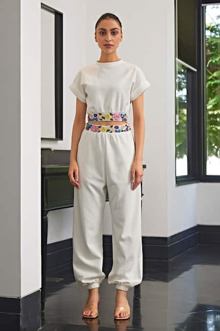 Shop_Kay Kay_Off White Cotton Cut Work, Sequins, Embroidery Round Neck Top And Pant Set _Online_at_Aza_Fashions