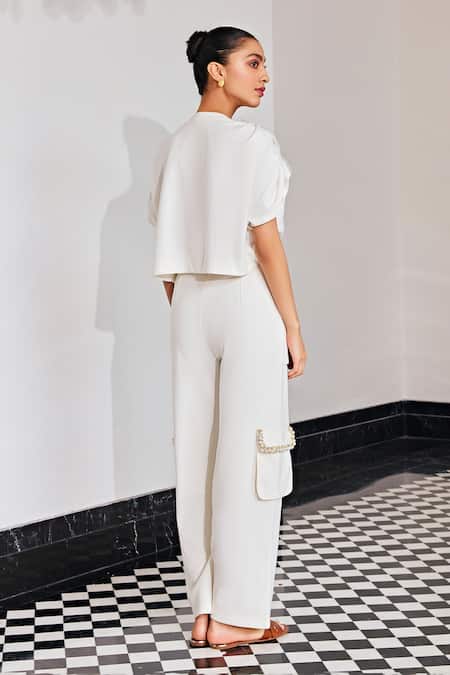 Shop_KAY KAY_Off White Cotton Ruffles, Pearls, Embroidery Round Neck Top And Pant Set _at_Aza_Fashions
