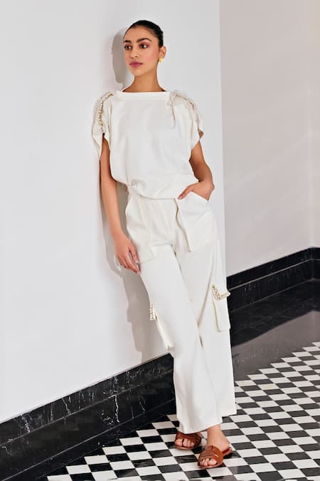 Shop_KAY KAY_Off White Cotton Ruffles, Pearls, Embroidery Round Neck Top And Pant Set _Online_at_Aza_Fashions