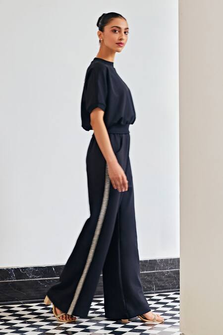Buy_Kay Kay_Black Polyester, Silk Embroidery Round Neck Designer Top And Pant Set _Online_at_Aza_Fashions