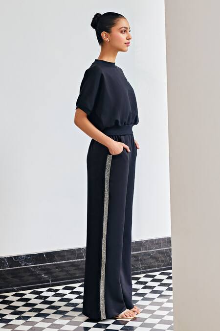 Shop_Kay Kay_Black Polyester, Silk Embroidery Round Neck Designer Top And Pant Set _Online_at_Aza_Fashions