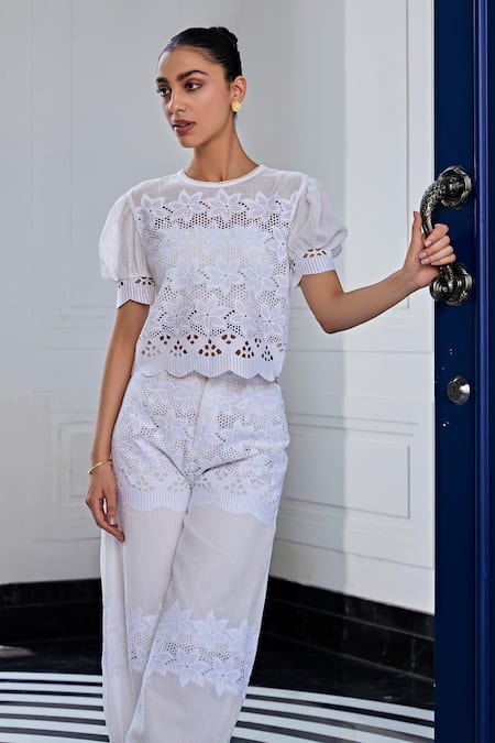 Kay Kay Off White Lace, Cotton Embroidery Round Neck And Mesh Top With Pant Online at Aza Fashions Kay Kay_Off White Lace, Cotton Embroidery Round Neck And Mesh Top With Pant _Online_at_Aza_Fashions
