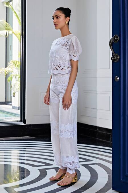 Buy Kay Kay Off White Lace, Cotton Embroidery Round Neck And Mesh Top With Pant Online at Aza Fashions Buy_Kay Kay_Off White Lace, Cotton Embroidery Round Neck And Mesh Top With Pant _Online_at_Aza_Fashions