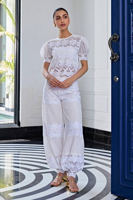 Shop Kay Kay Off White Lace, Cotton Embroidery Round Neck And Mesh Top With Pant Online at Aza Fashions Shop_Kay Kay_Off White Lace, Cotton Embroidery Round Neck And Mesh Top With Pant _Online_at_Aza_Fashions