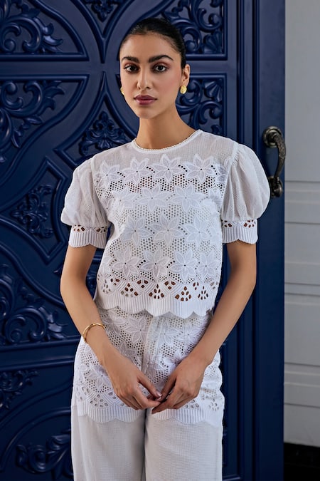 Kay Kay Off White Lace, Cotton Embroidery Round Neck And Mesh Top With Pant at Aza Fashions Kay Kay_Off White Lace, Cotton Embroidery Round Neck And Mesh Top With Pant _at_Aza_Fashions