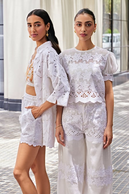 Buy Kay Kay Off White Lace, Cotton Embroidery Round Neck And Mesh Top With Pant Buy_Kay Kay_Off White Lace, Cotton Embroidery Round Neck And Mesh Top With Pant
