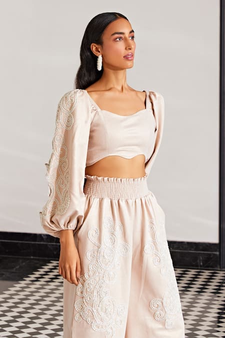 Buy Kay Kay Rose Gold Polyester Embroidery Sweetheart Floral Embellished Crop Top And Pant Set Online at Aza Fashions Buy_Kay Kay_Rose Gold Polyester Embroidery Sweetheart Floral Embellished Crop Top And Pant Set _Online_at_Aza_Fashions