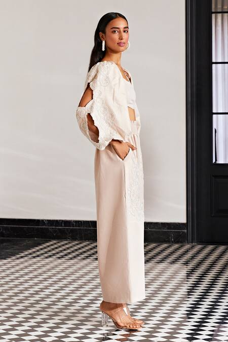 Shop Kay Kay Rose Gold Polyester Embroidery Sweetheart Floral Embellished Crop Top And Pant Set Online at Aza Fashions Shop_Kay Kay_Rose Gold Polyester Embroidery Sweetheart Floral Embellished Crop Top And Pant Set _Online_at_Aza_Fashions