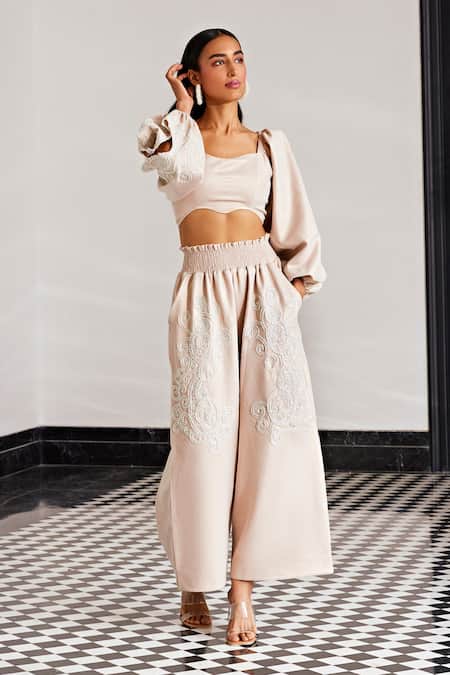 Kay Kay Rose Gold Polyester Embroidery Sweetheart Floral Embellished Crop Top And Pant Set at Aza Fashions Kay Kay_Rose Gold Polyester Embroidery Sweetheart Floral Embellished Crop Top And Pant Set _at_Aza_Fashions