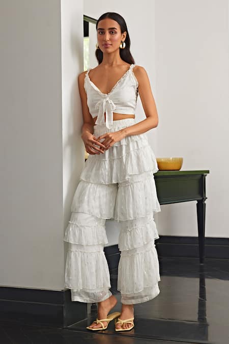 Kay Kay White Chiffon, Lurex V-neck Tie-up Top And Frill Tiered Pant Set