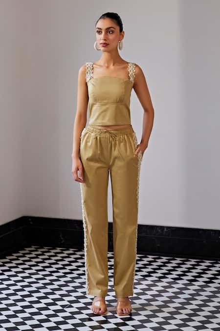 Kay Kay Beige Poplin, Linen Embroidery, Lace, Pearls Floral Embellished Top And Pant Set 