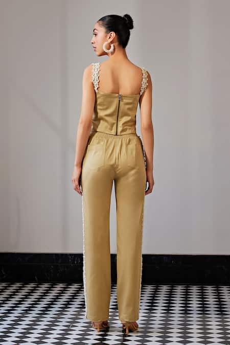 Shop Kay Kay Beige Poplin, Linen Embroidery, Lace, Pearls Floral Embellished Top And Pant Set at Aza Fashions Shop_Kay Kay_Beige Poplin, Linen Embroidery, Lace, Pearls Floral Embellished Top And Pant Set _at_Aza_Fashions