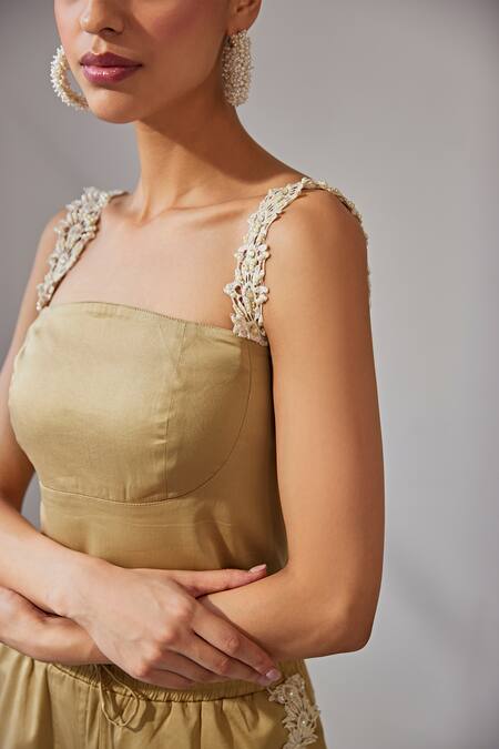 Kay Kay Beige Poplin, Linen Embroidery, Lace, Pearls Floral Embellished Top And Pant Set Online at Aza Fashions Kay Kay_Beige Poplin, Linen Embroidery, Lace, Pearls Floral Embellished Top And Pant Set _Online_at_Aza_Fashions