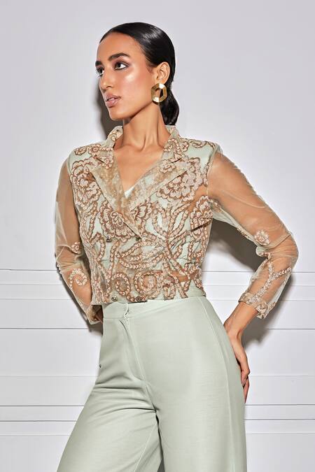 Kay Kay Green Net Embroidery Floral Embellished Mesh Blazer And Pant Set Online at Aza Fashions Kay Kay_Green Net Embroidery Floral Embellished Mesh Blazer And Pant Set _Online_at_Aza_Fashions