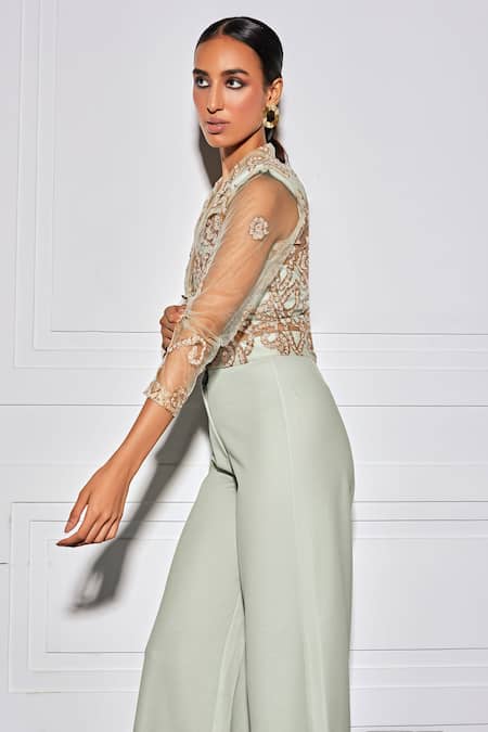 Buy Kay Kay Green Net Embroidery Floral Embellished Mesh Blazer And Pant Set Online at Aza Fashions Buy_Kay Kay_Green Net Embroidery Floral Embellished Mesh Blazer And Pant Set _Online_at_Aza_Fashions