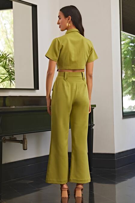 Shop_Kay Kay_Green Bamboo Collared Front Pocket Top And Pant Set _at_Aza_Fashions