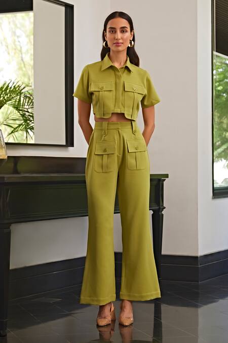 Buy_Kay Kay_Green Bamboo Collared Front Pocket Top And Pant Set _Online_at_Aza_Fashions