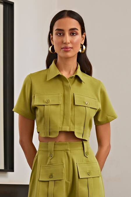 Shop_Kay Kay_Green Bamboo Collared Front Pocket Top And Pant Set _Online_at_Aza_Fashions