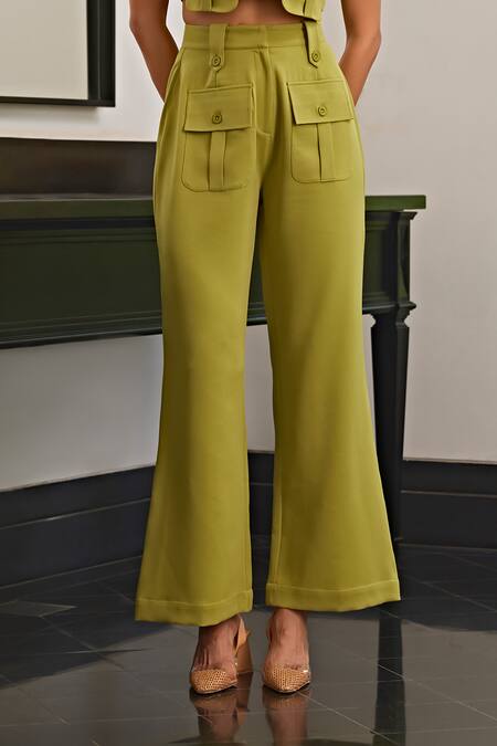 Kay Kay_Green Bamboo Collared Front Pocket Top And Pant Set _at_Aza_Fashions