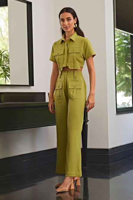 Buy_Kay Kay_Green Bamboo Collared Front Pocket Top And Pant Set 