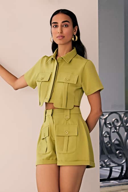 Shop Kay Kay Green Cotton Piping Collared Pocket Top And Shorts Set Online at Aza Fashions Shop_Kay Kay_Green Cotton Piping Collared Pocket Top And Shorts Set _Online_at_Aza_Fashions