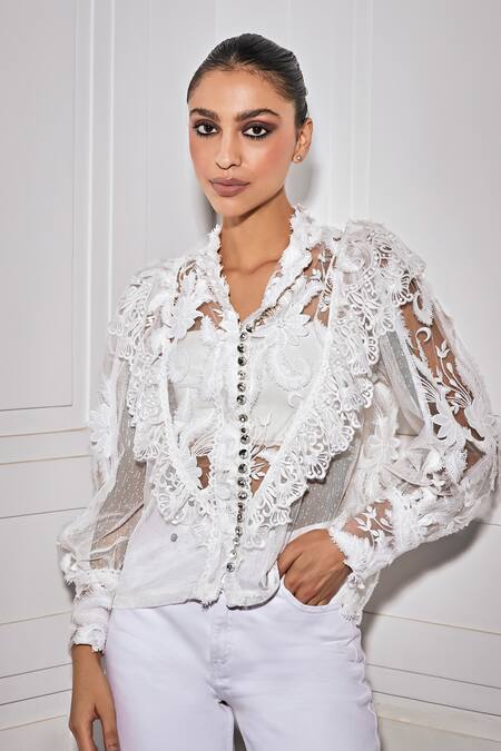 Kay Kay_White Polyester Embroidery Collared 3d Floral Embellished Mesh Shirt _Online_at_Aza_Fashions